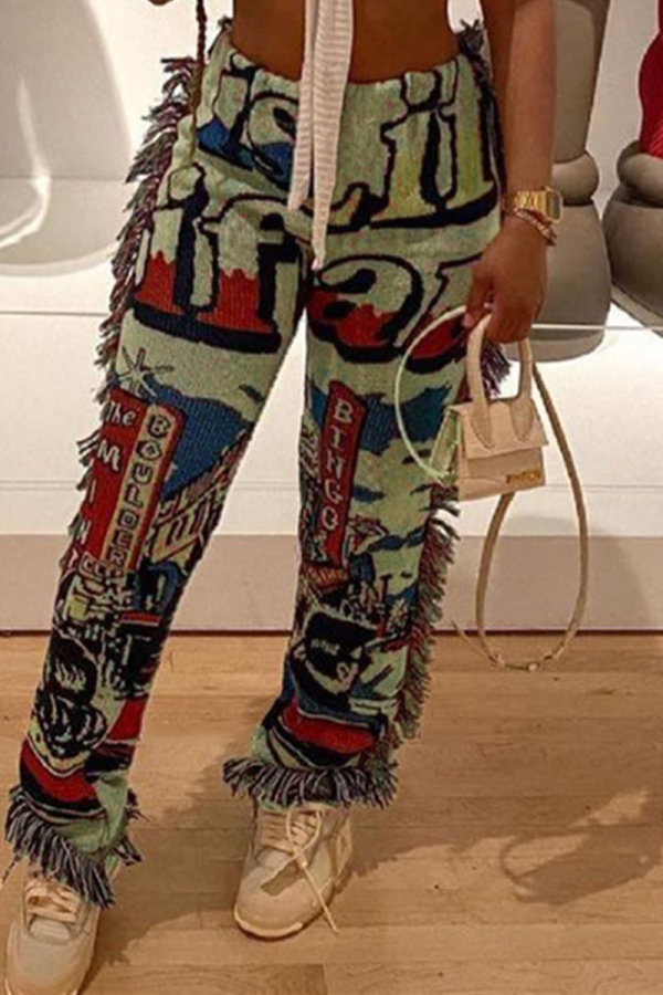 Light Green Fashion Casual Print Tassel Regular High Waist Trousers