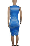 Blue Casual Striped Print Bandage Patchwork U Neck Vest Dress Dresses