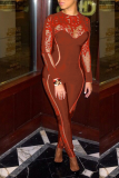 Red Sexy Solid Mesh O Neck Skinny Jumpsuits