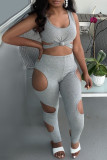 Pink Fashion Sexy Solid Hollowed Out U Neck Sleeveless Two Pieces