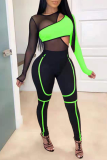 Orange Sexy Patchwork Hollowed Out Mesh O Neck Long Sleeve Two Pieces