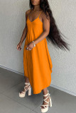 Orange Casual Solid Backless Spaghetti Strap Asymmetrical Dresses