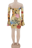 Gold Sexy Print Patchwork Off the Shoulder Pencil Skirt Dresses