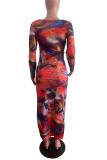 Multicolor Sexy Print Hollowed Out Split Joint Draw String O Neck Pencil Skirt Dresses