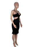 Black Fashion Sexy Solid Tassel Backless Spaghetti Strap Sleeveless Dress