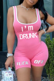 Pink Casual Sportswear Letter Print Backless U Neck Skinny Romper