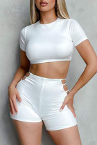 White Casual Solid Hollowed Out Split Joint O Neck Short Sleeve Two Pieces