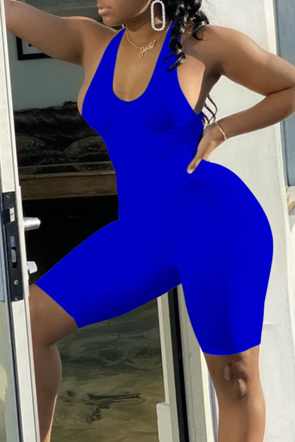 Blue Sexy Solid Patchwork Backless Cross Straps U Neck Skinny Rompers