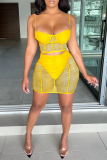 Rose Red Sexy Solid Mesh Spaghetti Strap Sleeveless Two Pieces