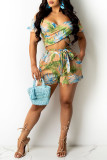 Green Fashion Casual Print Backless Off the Shoulder Short Sleeve Two Pieces