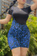 Blue Fashion Casual Print Leopard Basic O Neck Short Sleeve Two Pieces