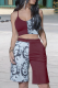 Burgundy Casual Print Patchwork Spaghetti Strap Sleeveless Two Pieces