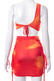 Red Casual Print Bandage Patchwork Fold Asymmetrical Oblique Collar Sleeveless Two Pieces