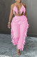 Pink Fashion Sexy Solid Tassel Backless Halter Sleeveless Two Pieces