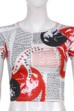 Red Street Print Patchwork O Neck T-Shirts