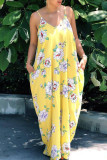 Yellow Sexy Casual Print Backless Spaghetti Strap Sleeveless Dress