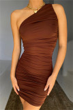 Brown Fashion Sexy Solid Fold One Shoulder Sleeveless Dress