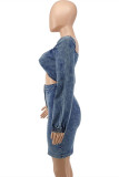 Blue Fashion Sexy Solid Hollowed Out V Neck Long Sleeve Denim Dress