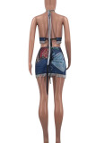 The cowboy blue Casual Print Tassel Patchwork Halter Sleeveless Two Pieces