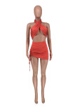 Red Sexy Solid Backless Halter Sleeveless Two Pieces