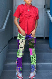 Purple Fashion Casual Print Patchwork Regular High Waist Trousers