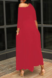 Red Casual Letter Print Basic Oblique Collar Irregular Dress