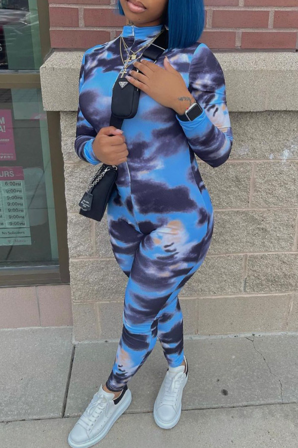 Dark Blue Fashion Casual Print Tie-dye Zipper Collar Skinny Jumpsuits