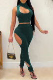 Green Sexy Solid Hollowed Out Half A Turtleneck Sleeveless Two Pieces
