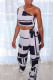 White Sexy Print Bandage Patchwork Oblique Collar Sleeveless Two Pieces