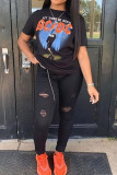 Black Fashion Casual Print Basic O Neck T-Shirts