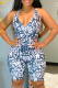 Blue Sexy Print Patchwork Halter Skinny Rompers