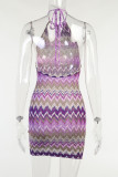 Purple Sexy Print Split Joint Frenulum Backless Halter Pencil Skirt Dresses