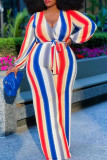 Red Blue Casual Striped Print Bandage Patchwork V Neck Straight Jumpsuits