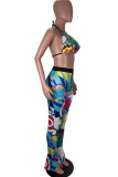 Blue Fashion Sexy Print Bandage Backless Halter Sleeveless Two Pieces