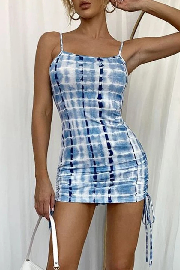 Blue Fashion Sexy Print Backless Spaghetti Strap Sleeveless Dress