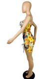 Yellow Sexy Print Hollowed Out Backless Fold Strapless Sleeveless Dress