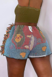 Blue Casual Print Tassel Patchwork Straight Mid Waist Straight Full Print Bottoms
