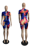 Blue Sexy Striped Tie-dye Zipper Collar Skinny Rompers