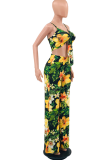 Green Sexy Print Patchwork Spaghetti Strap Sleeveless Two Pieces
