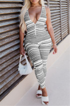 Grey Fashion Casual Striped Print Basic V Neck Skinny Jumpsuits
