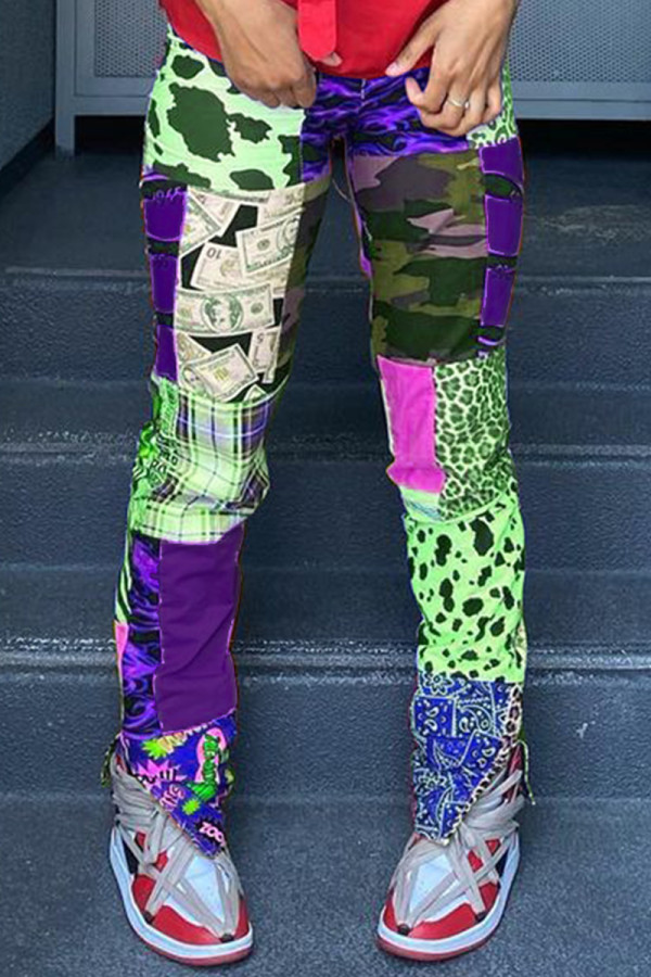 Purple Fashion Casual Print Patchwork Regular High Waist Trousers