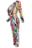 Rainbow Color Sexy Print Patchwork Long Sleeve Two Pieces