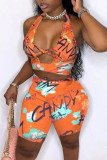 Orange Fashion Sexy Print Backless Halter Sleeveless Two Pieces