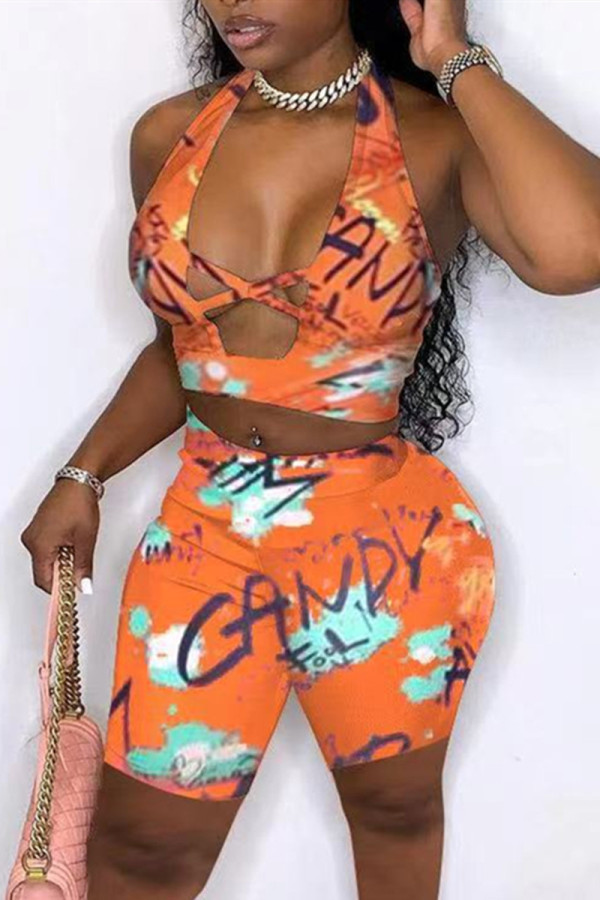 Orange Fashion Sexy Print Backless Halter Sleeveless Two Pieces