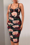 Red Green Elegant Print Make Old Fold Square Collar Pencil Skirt Dresses