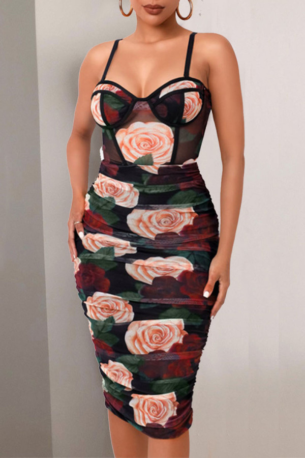 Red Elegant Print Make Old Fold Square Collar Pencil Skirt Dresses