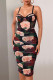 Red Elegant Print Make Old Fold Square Collar Pencil Skirt Dresses