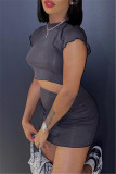 Grey Fashion Casual Solid Basic O Neck Short Sleeve Two Pieces