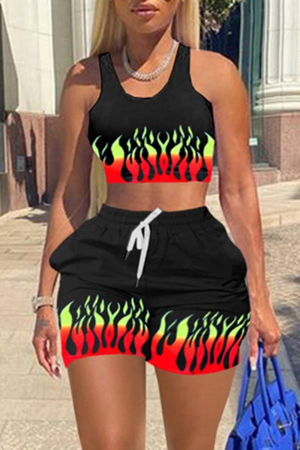 Black Fashion Casual Print Vests O Neck Sleeveless Two Pieces