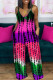Rose Red Casual Print Patchwork Pocket V Neck Loose Jumpsuits